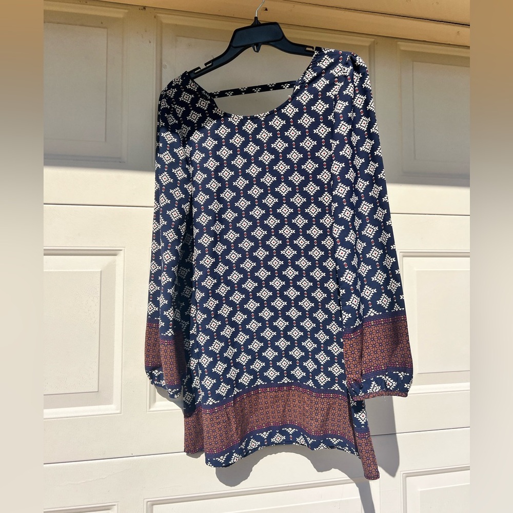 Boho Tunic Top Womens Navy Geometric Print Long Sleee Scoop Blouse Medium